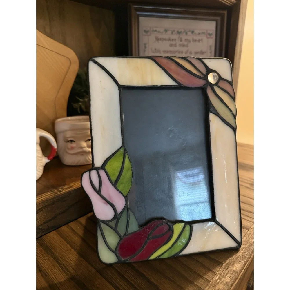 Vintage Colorful Stained Glass Picture Photo Frame W 3D Rose Floral Motif 1990s